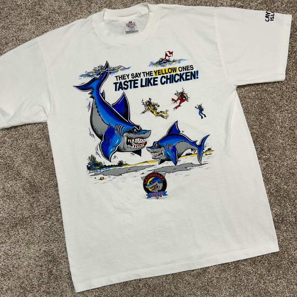 Vintage Louie Landshark Tshirt Yellow‎ Ones Taste Like Chicken Large Shark Scuba